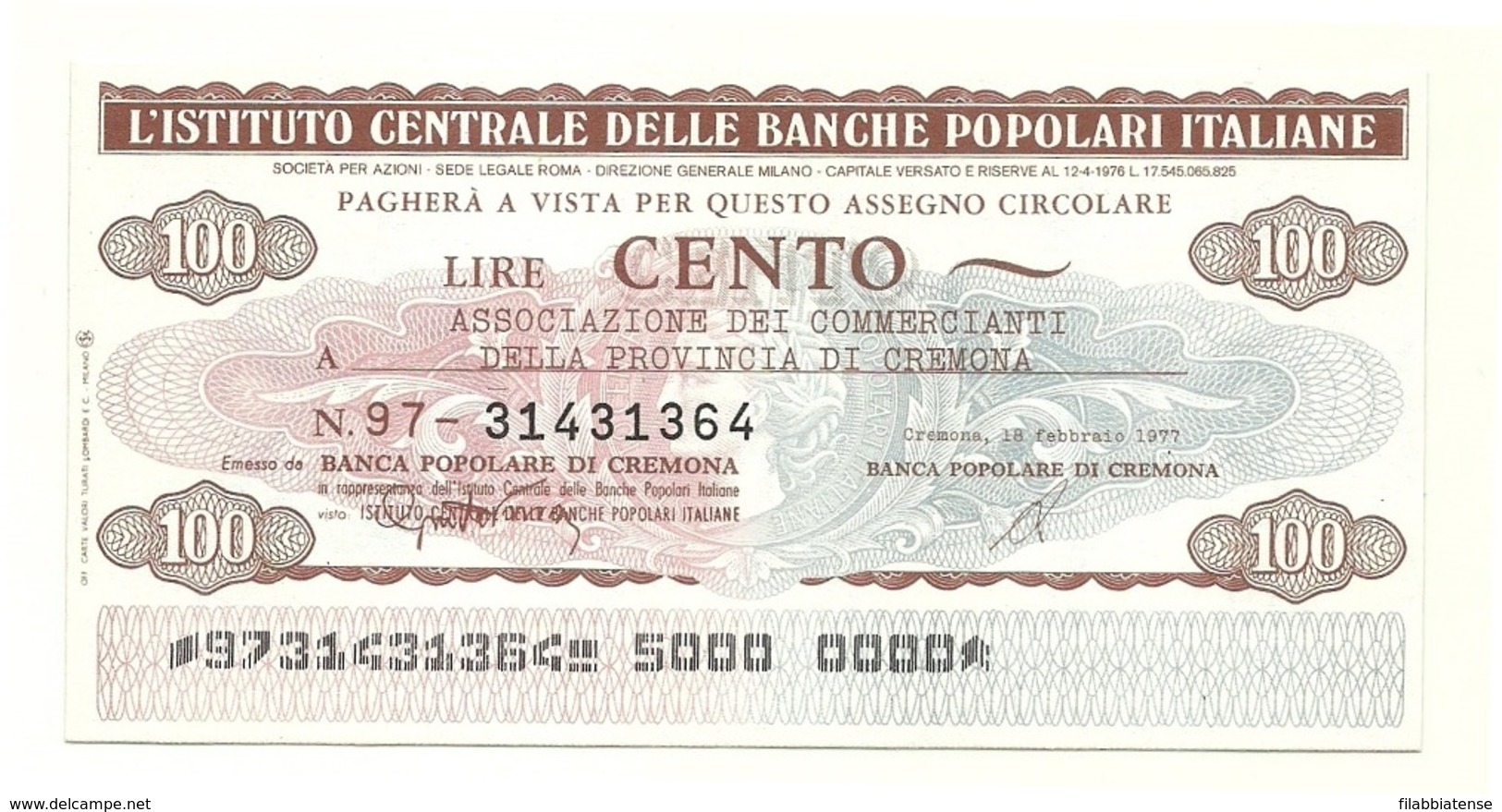1977 - Italia -Istituto Centrale Delle Banche Popolari Italiane - Ass. Dei Commercianti Della Provincia Di Cremona - [10] Assegni E Miniassegni