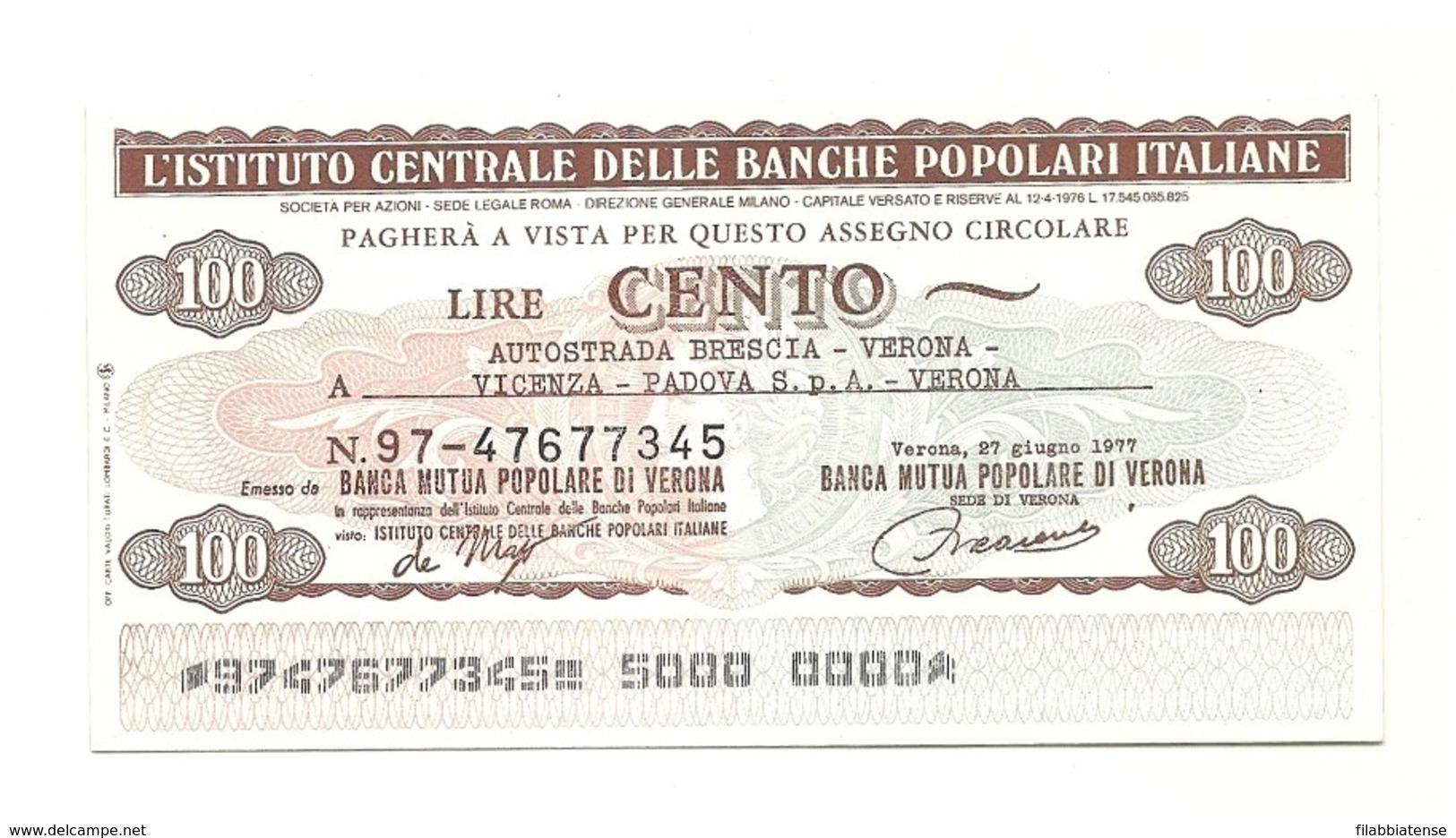 1977 - Italia - Istituto Centrale Delle Banche Popolari Italiane - Autostrada Brescia-Verona-Vicenza-Padova Spa - [10] Assegni E Miniassegni