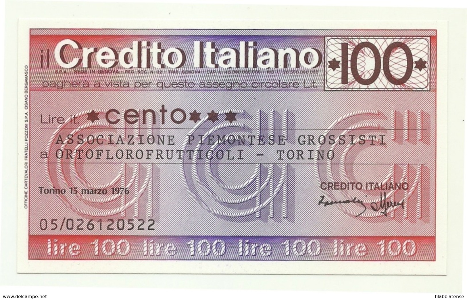 1976 - Italia - Credito Italiano - Associazione Piemontese Grossisti Ortofrutticoli - Torino - [10] Assegni E Miniassegni