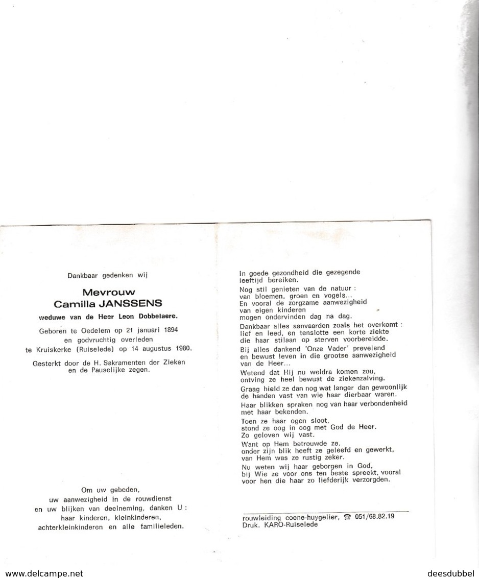 C.JANSSENS °OEDELEM 1894 +KRUISKERKE - RUISELEDE 1980 (L.DOBBELAERE) - Imágenes Religiosas