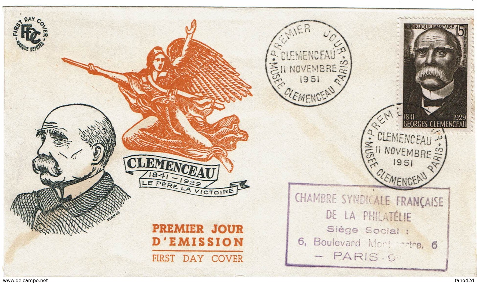 LCTN57PM- FRANCE FDC CLEMENCEAU 11/11/1951 - 1950-1959