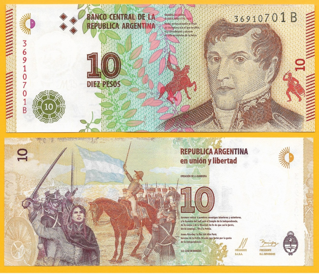 Argentina 10 Pesos P-360 2016 (Suffix B) UNC Banknote - Argentina