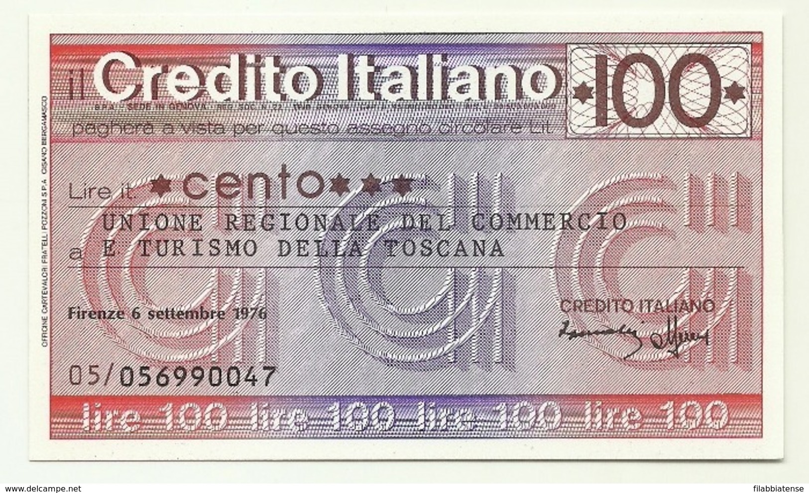 1976 - Italia - Credito Italiano - Unione Regionale Del Commercio E Turismo Della Toscana - [10] Scheck Und Mini-Scheck