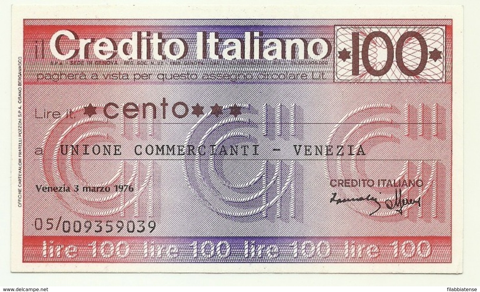 1976 - Italia - Credito Italiano - Unione Commercianti - Venezia - [10] Assegni E Miniassegni