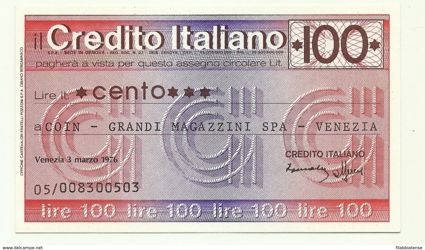 1976 - Italia - Credito Italiano - COIN - Grandi Magazzini SPA - Venezia - [10] Assegni E Miniassegni