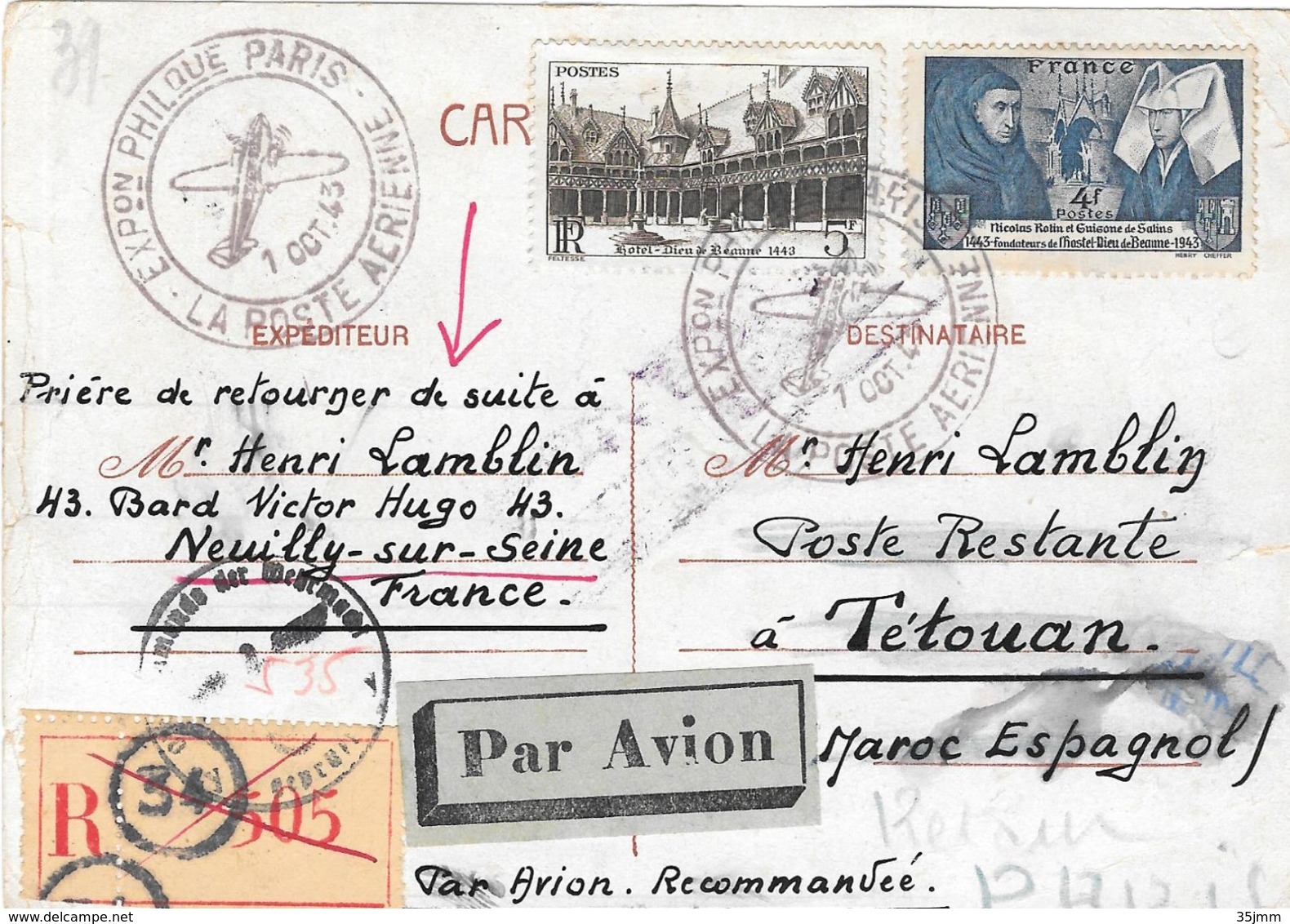 Carte Postale Recommandée France 1943 Pour Le Maroc Espagnol Cesure Censor Geoffnet Examiner - Guerre De 1939-45