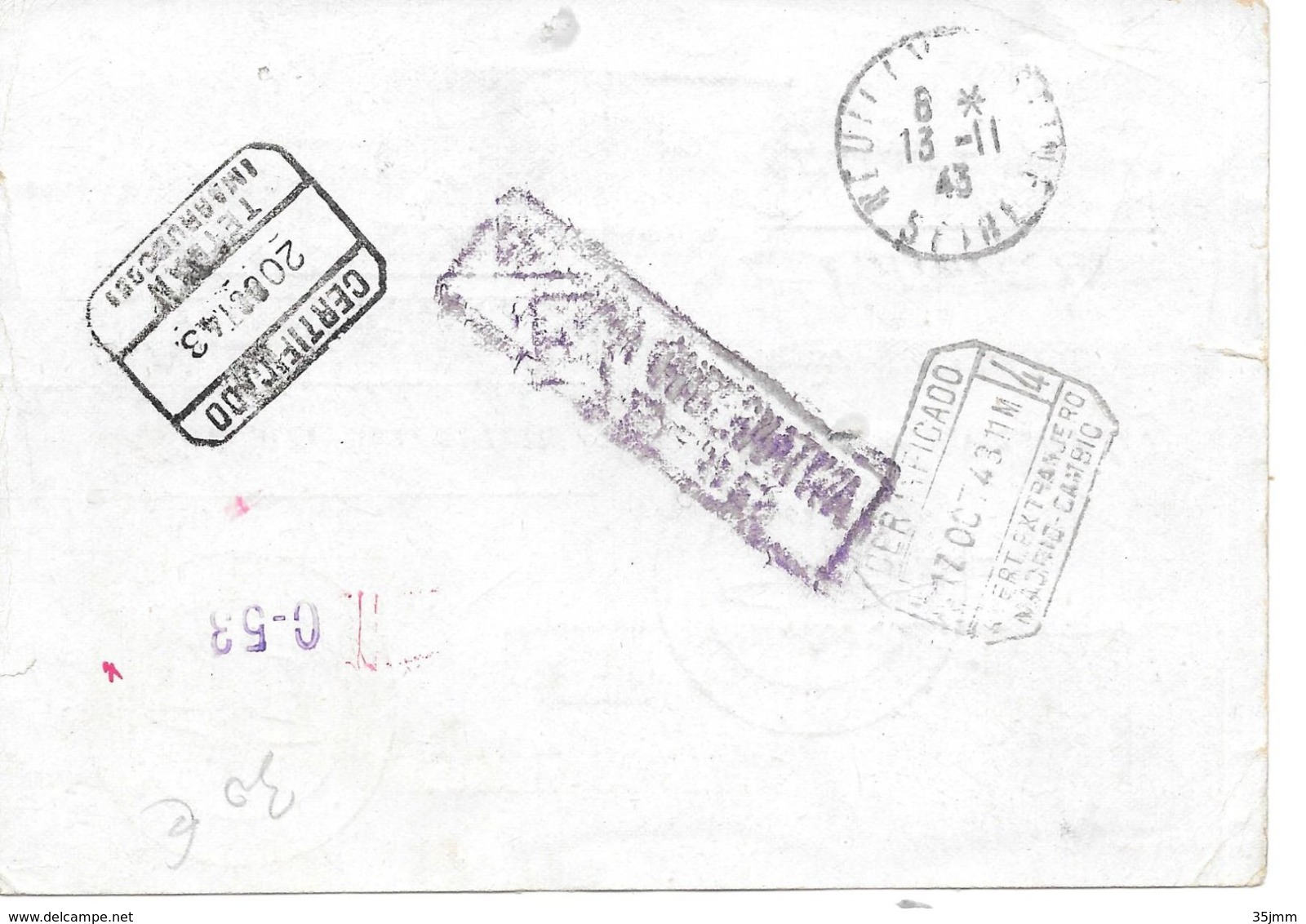 Carte Postale Recommandée France 1943 Pour Le Maroc Espagnol Cesure Censor Geoffnet Examiner - Guerre De 1939-45