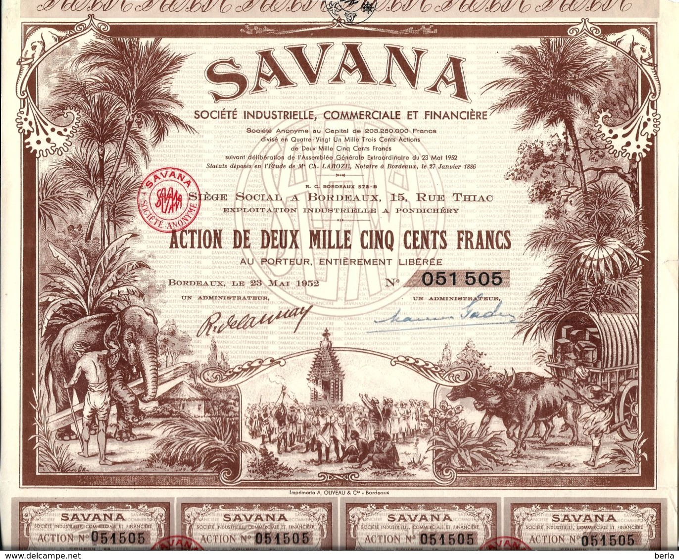 SAVANA .Action De 2500 Fr -1952 - Africa