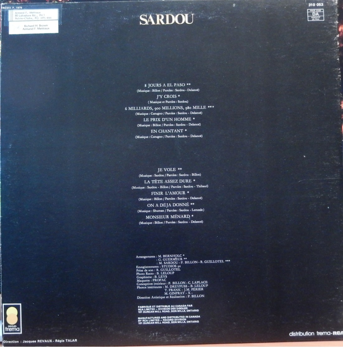 Michel Sardou 33t. LP CANADA "8 Jours à El Paso" - Autres - Musique Française