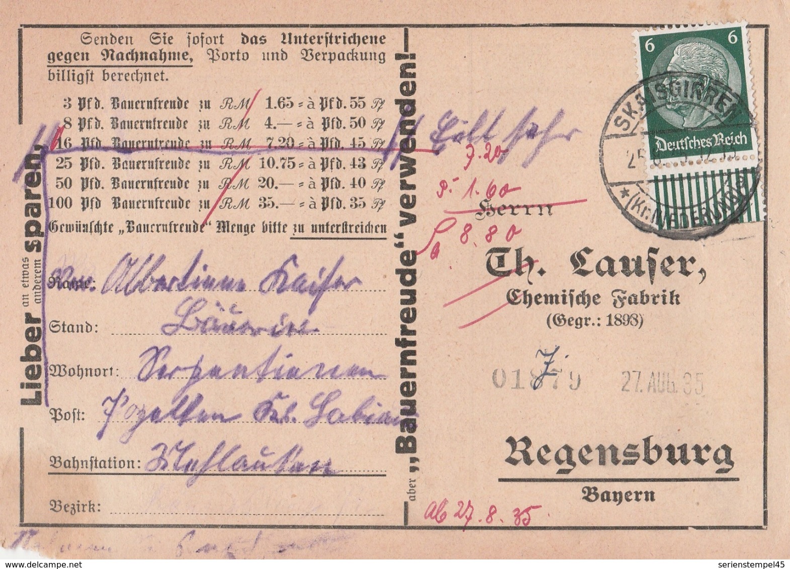 Ostpreussen Deutsches Reich Karte Mit Tagesstempel Skaisgirren Kr Niederung 1935 RB Gumbinnen - Covers & Documents