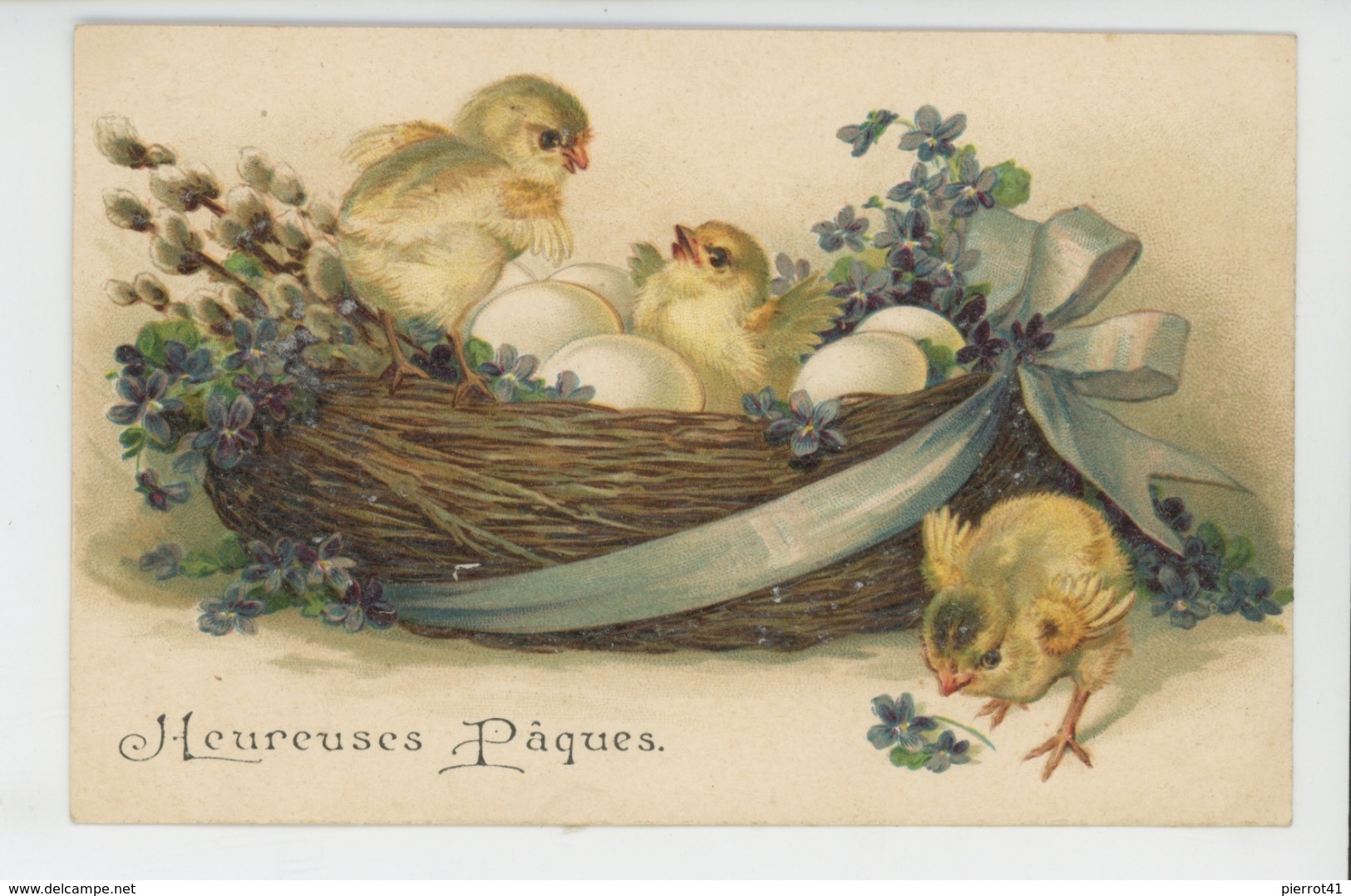 POUSSINS - Jolie Carte Fantaisie Gaufrée Poussins Violettes Oeufs Dans Nid De "Heureuses Pâques" (embossed Postcard) - Pâques