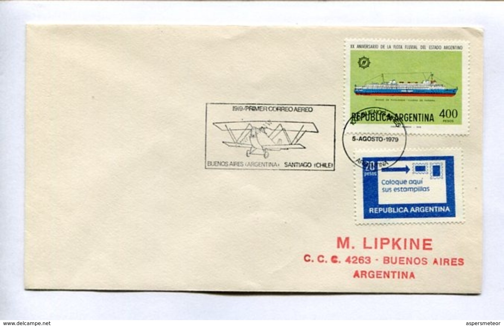 1919, PRIMER CORREO AEREO, BUENOS AIRES-SANTIAGO, CHILE. 1979 ARGENTINA ENVELOPE - LILHU - Storia Postale