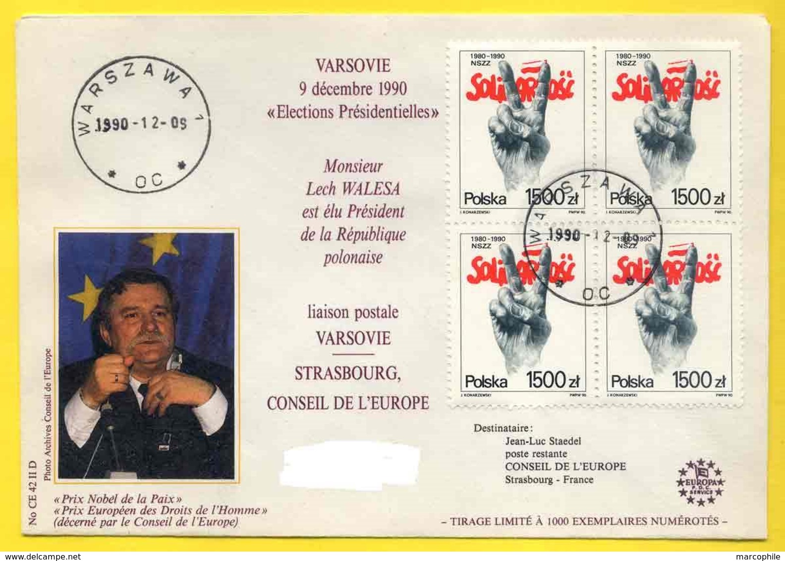 POLOGNE - VARSOVIE -  NOBEL / 1990 ELECTION DE LECH WALESA - SOLIDARNOSC (ref 179) - Nobel Prize Laureates