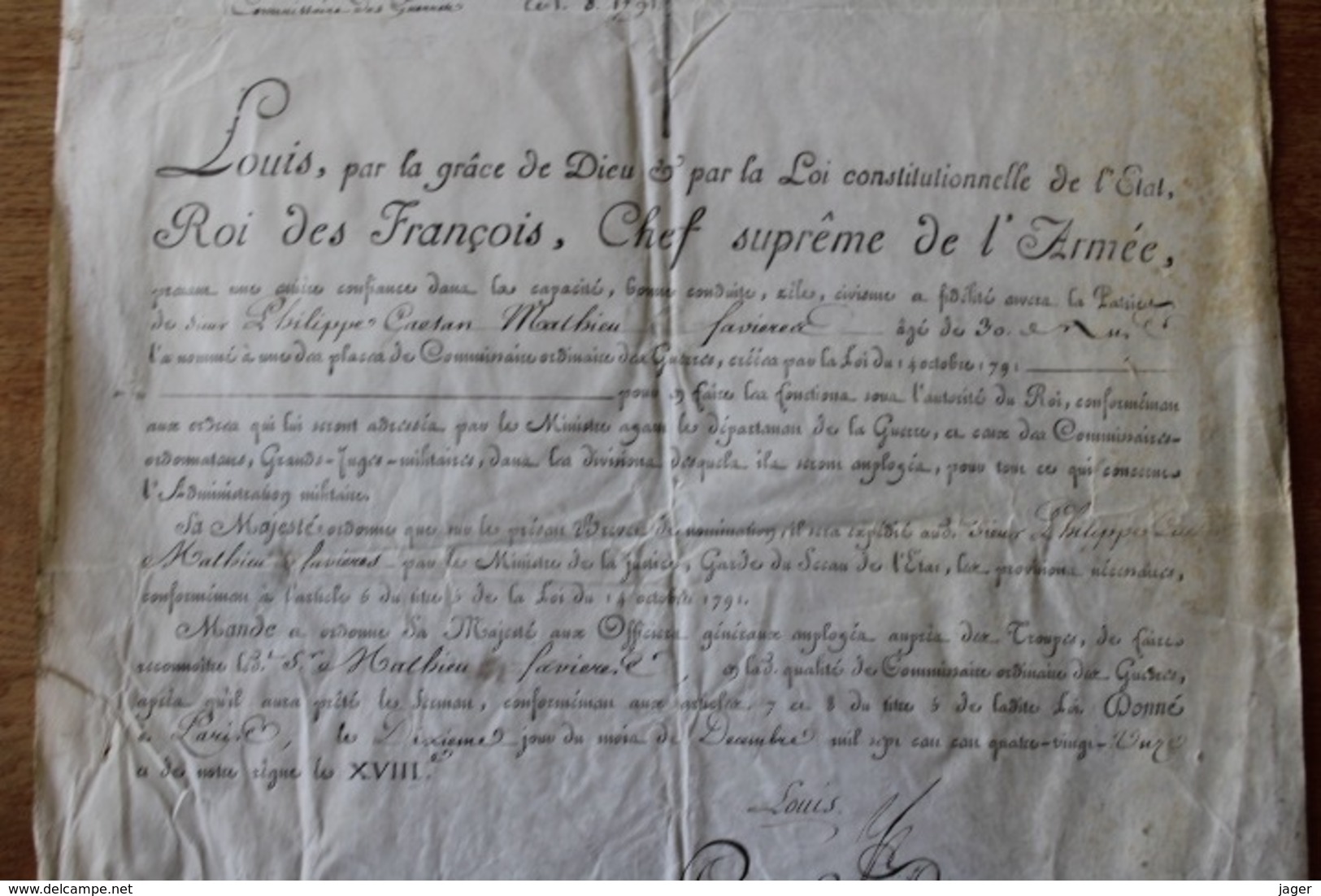 Diplôme Sur Velin   La Nation La Loi Et Le Roi 1791 Autographe De Louis Nomination De Commissaire  Ordinaire Des Guerres - Documents Historiques