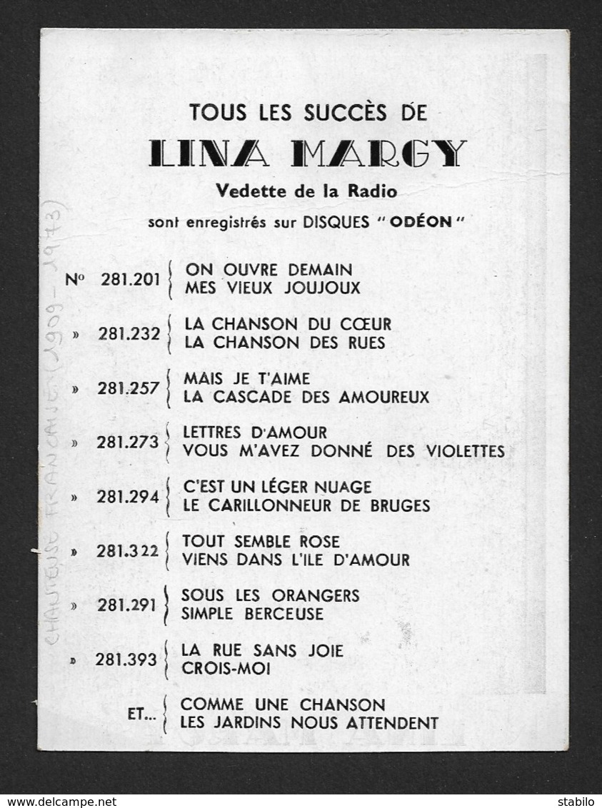 AUTOGRAPHE - LINA MARGY (1909-1973) CHANTEUSE FRANCAISE - PHOTO HARCOURT FORMAT 13.5 X 10 CM - Dédicacées
