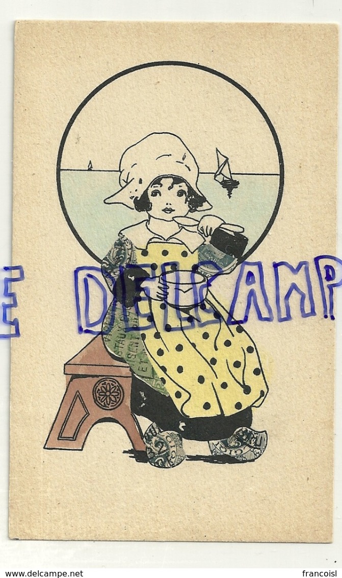 Petite Fille Qui Mange Sur Un Banc. Collage De Timbres - Autres & Non Classés