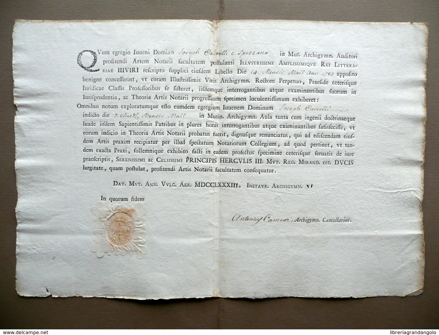 Patente Esercizio Notarile Castelli Spezzano Modena 1783 Ercole III Sigillo - Sin Clasificación