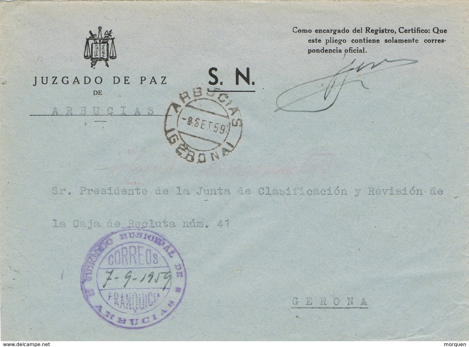 34148. Carta S.N. Franquicia Juzgado Municipal ARBUCIAS (Gerona) 1959. Fechador Arbucias - Cartas & Documentos