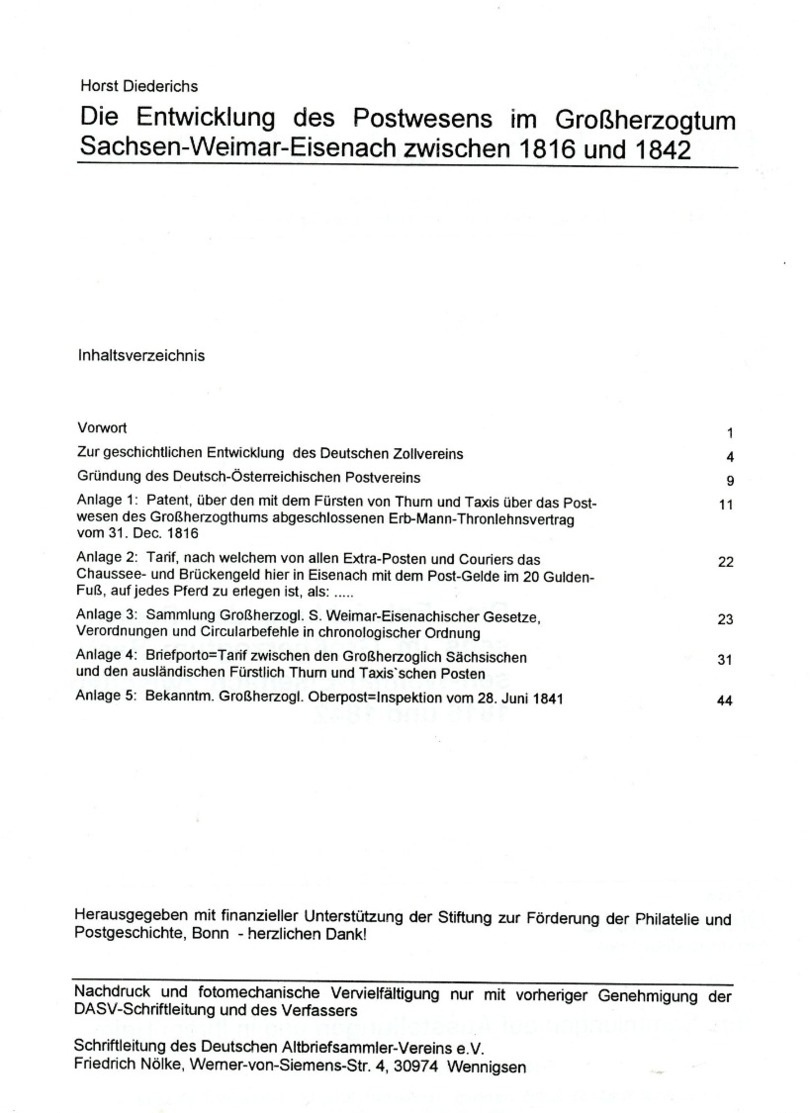 Postwesen Im Großherzogthum Sachsen-Weimar-Eisenach 1816 - 1842 - Von Horst Diederichs  (DASV) PgA 159 Aus 2005 - Tematica