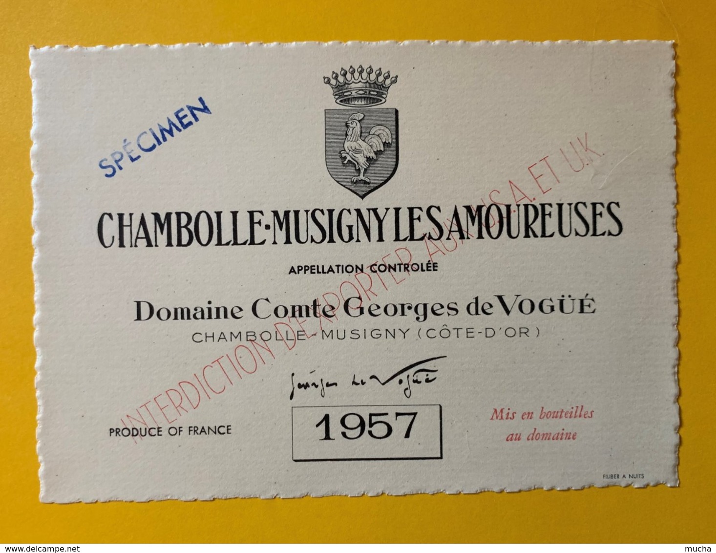 11890 - Chambolle-Musigny Les Amoureuses 1957  Domaine Comte Georges De Vogüé Spécimen - Bourgogne