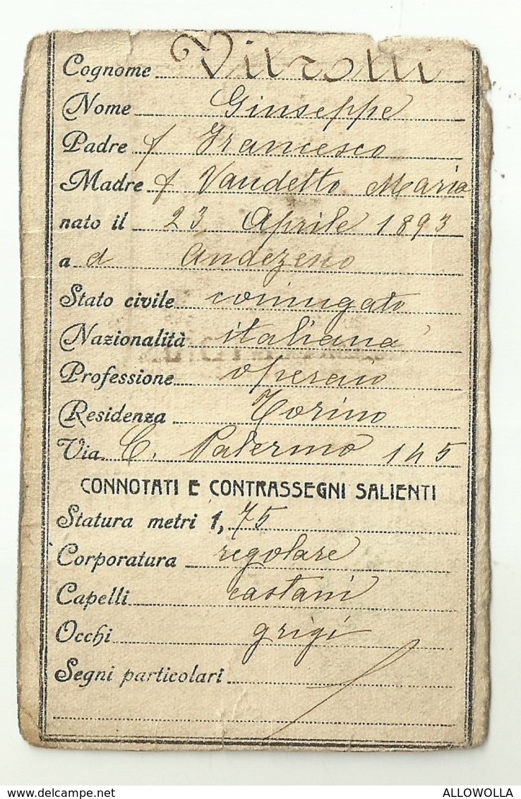 5483" REGNO D'ITALIA-COMUNE DI TORINO-CARTA D'IDENTITA' - SOLO PRIMA META' "  ORIGINALE - Documenti Storici