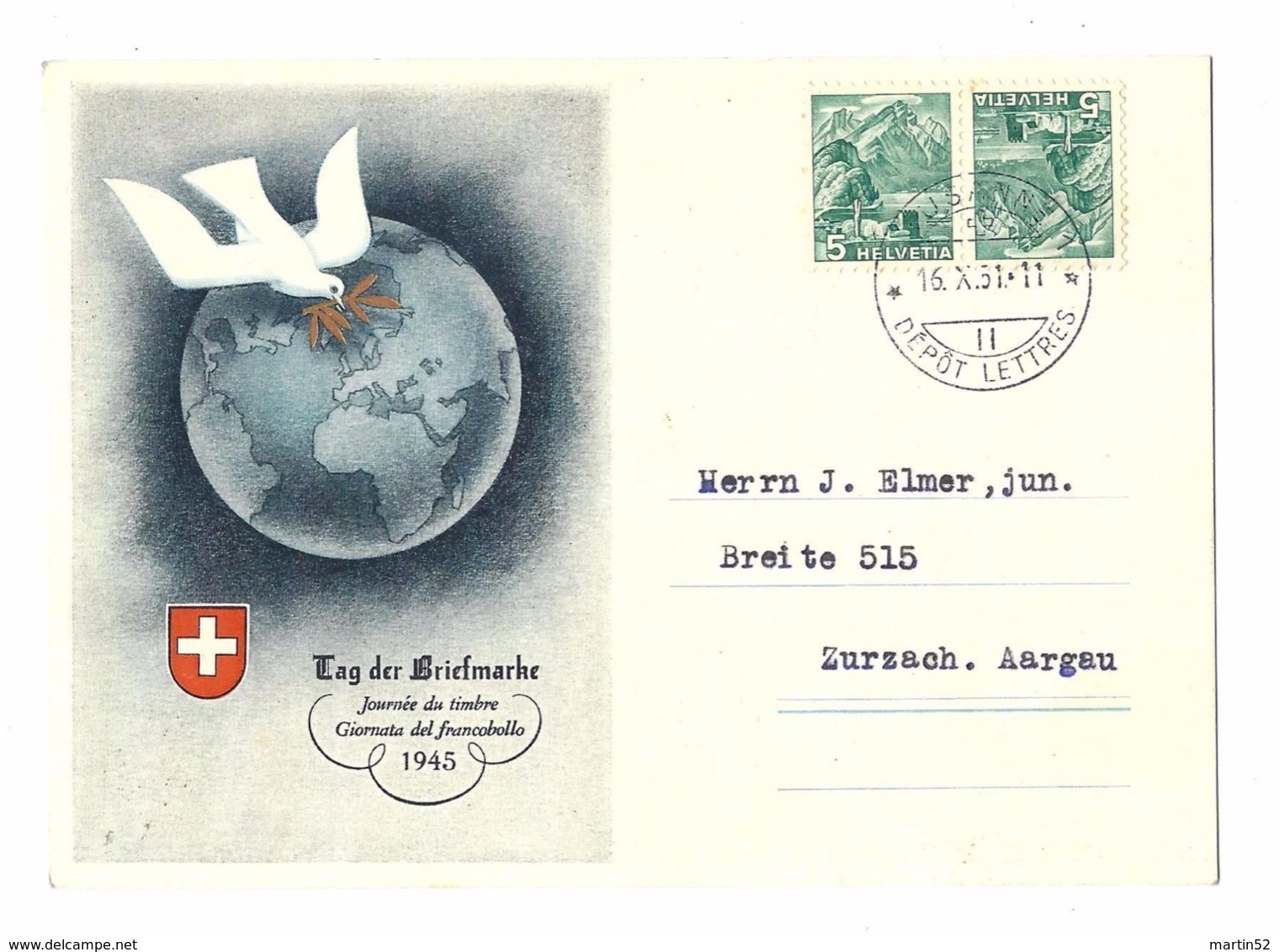 Schweiz Suisse 1951: Kehrdruck Tête-bêche Zu+Mi K32 Auf Karte "Tag Der Briefmarke 1945" Mit O LAUSANNE 16.X.51 - Tete Beche