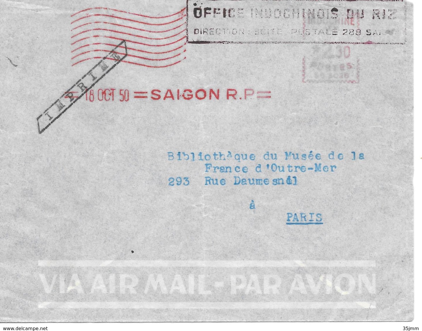 Enveloppe Indochine Saigon 1950 Office Indochinois Du Riz - Covers & Documents