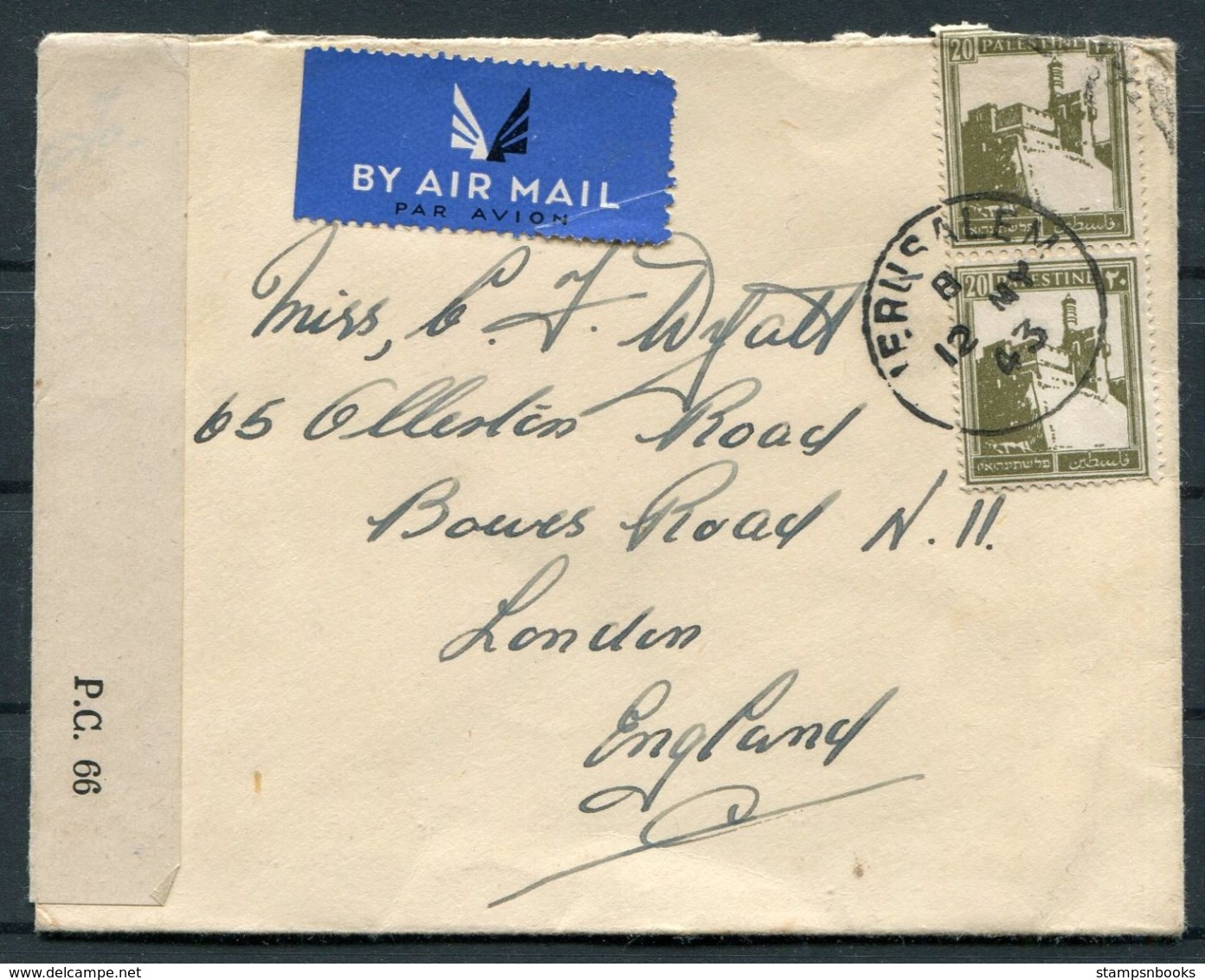 1943 Palestine Jerusalem Airmail Censor Cover. Hadden, Ramallah Police - Bowes Road, London N11 - Palestine