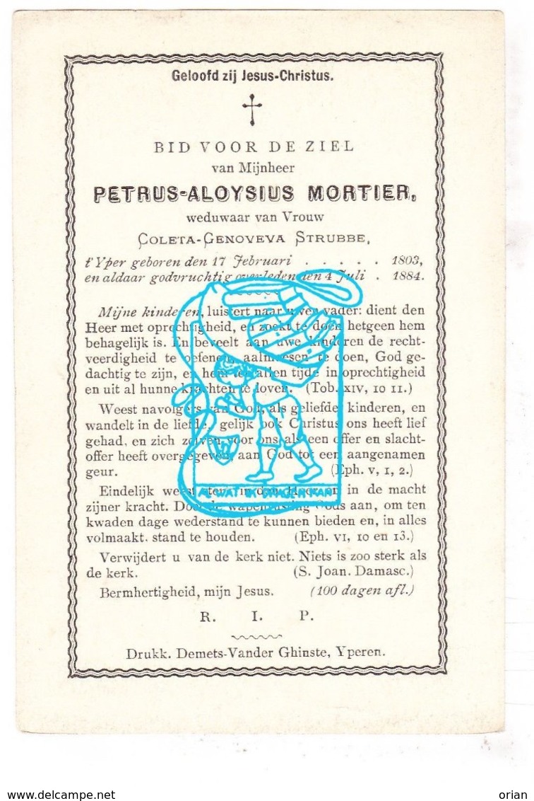 DP Petrus Aloysius Mortier ° Ieper 1803 † 1884 X Coleta G. Strubbe / Litho Vd Vyvere Petyt Brugge - Andachtsbilder