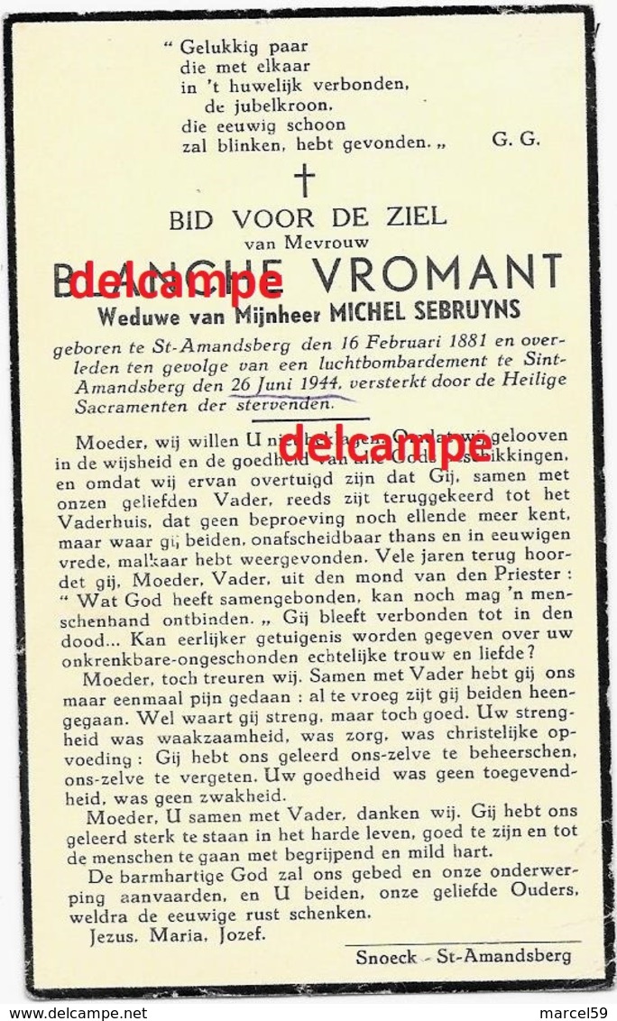 Oorlog Guerre Blanche Vromant Sint Amandsberg Gesneuveld Bombardement Juni 1944 Sebruyns Doodsprentje - Devotion Images