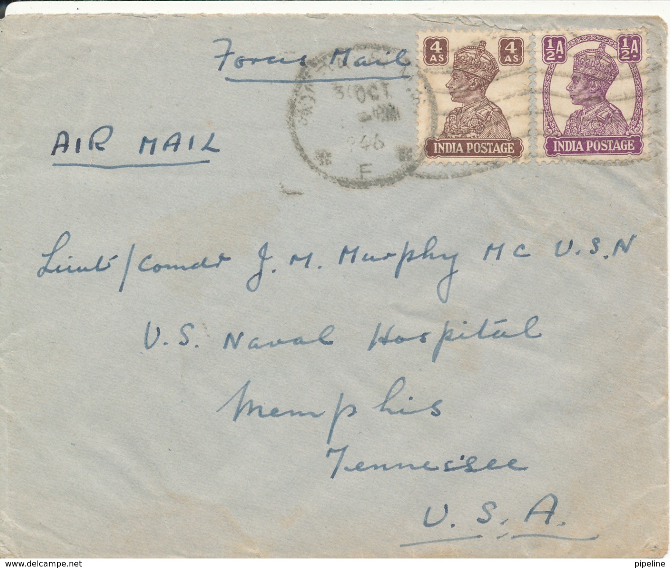 India Cover Sent Air Mail To USA 30-10-1946 - 1936-47 King George VI