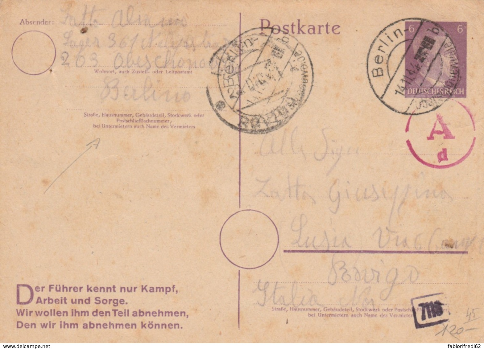 INTERO POSTALE 1944 TIMBRO BERLINO GERMANIA (VX529 - Covers & Documents