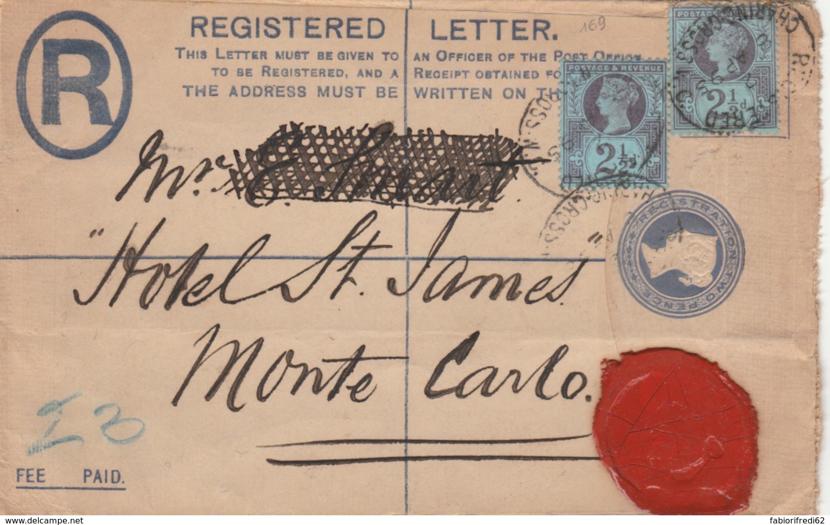 REGISTRED LETTER 1895 REGNO UNITO TIMBRO ARRIVO MONTECARLO (VX607 - Storia Postale