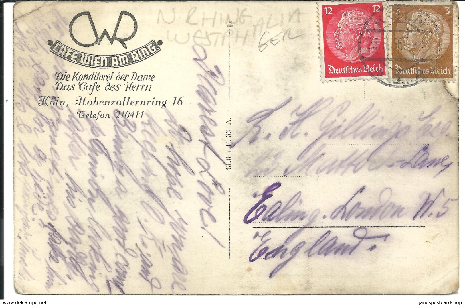 REAL PHOTOGRAPHIC POSTCARD - CAFE WIEN AM RING KOLN - - Koeln