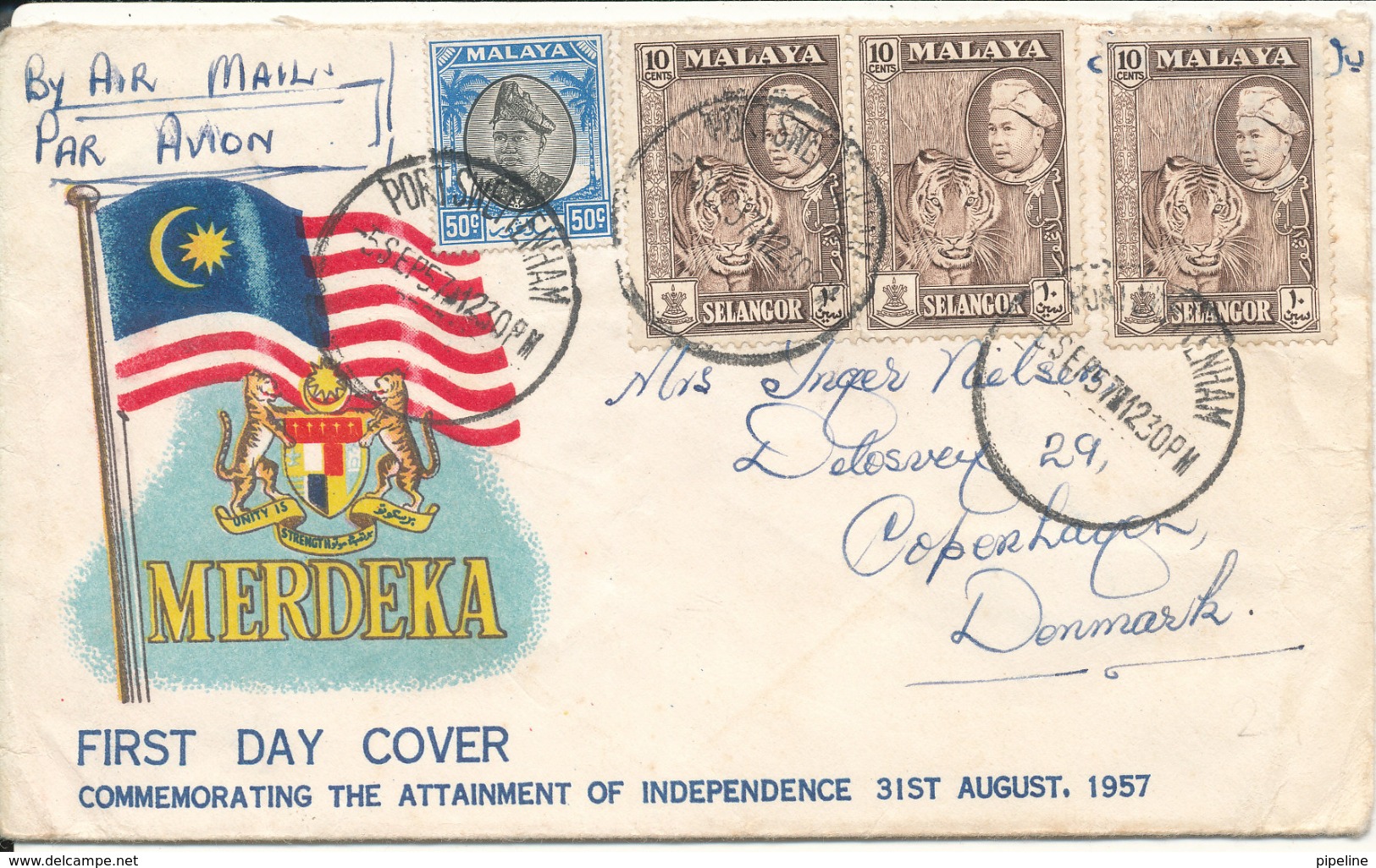 Malaya Selangor Cover Sent Air Mail To Denmark 5-9-1957 - Selangor