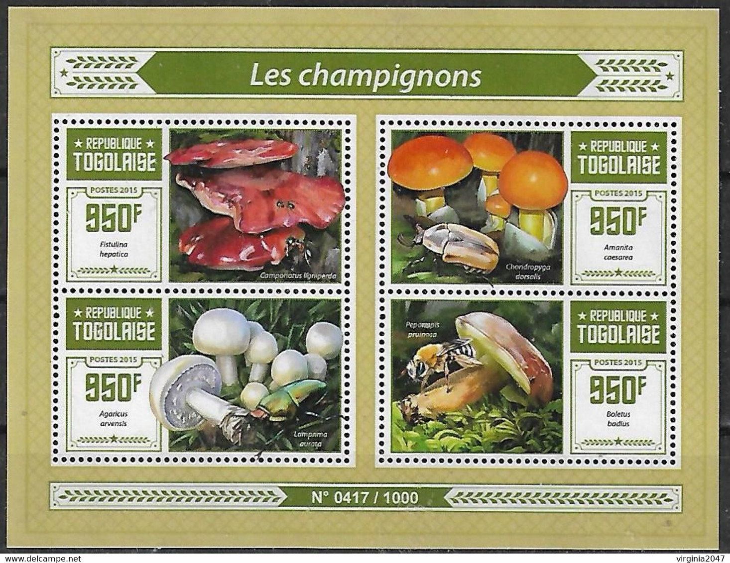 2015 Togo Flora Y Fauna Hongos Mushrooms Insects Blok De 4v, Mint. - Mushrooms