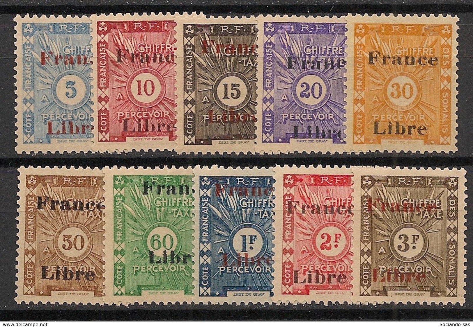 Côte Des Somalis - 1943 - Taxe TT N°Yv. 29 à 38 - Série Complète - France Libre - Neuf * / MH VF - Neufs