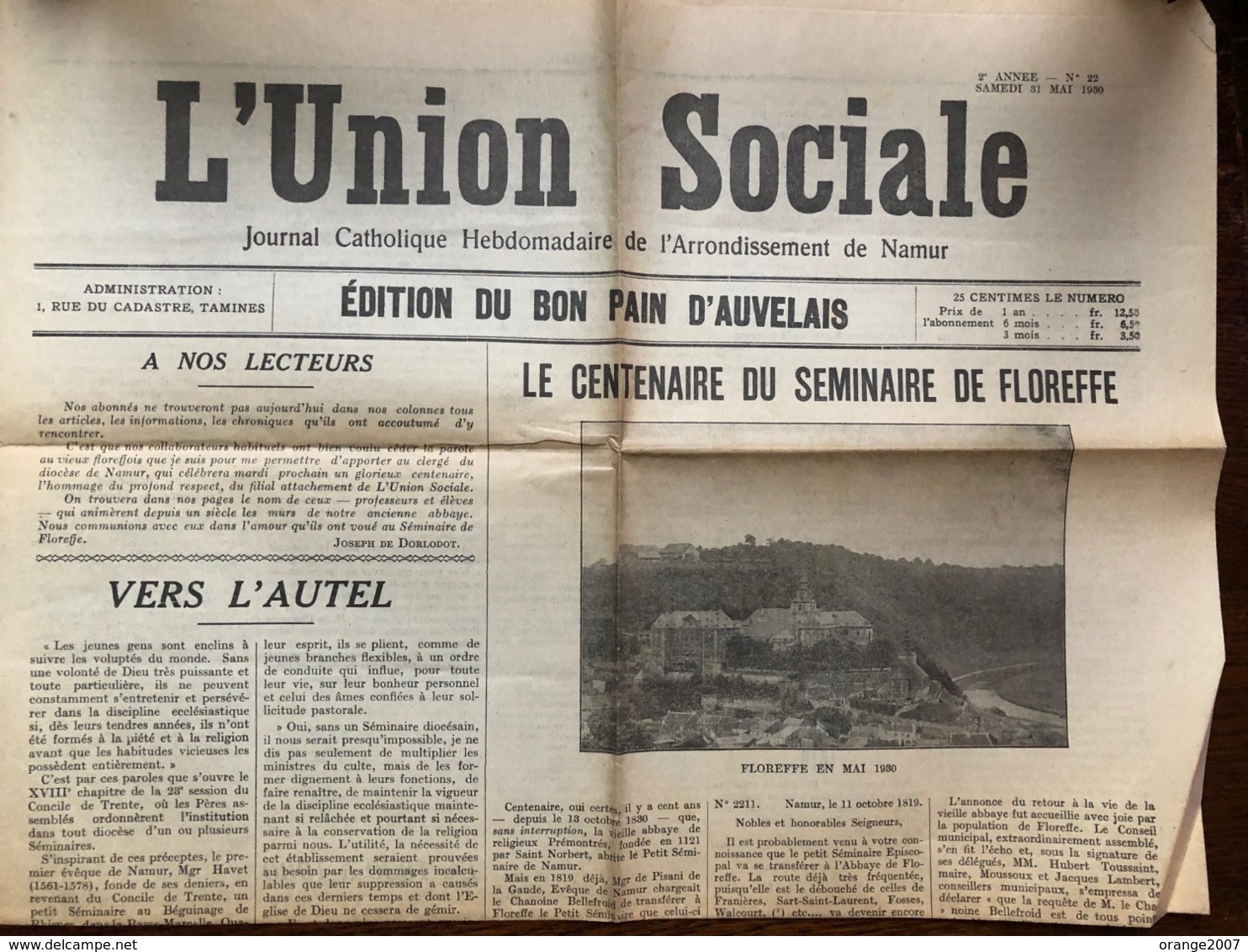 Floreffe Journal: Le Centenaire Du Séminaire De Floreffe. 1930.Edition Du Bon Pain  D'Auvelais. - Floreffe