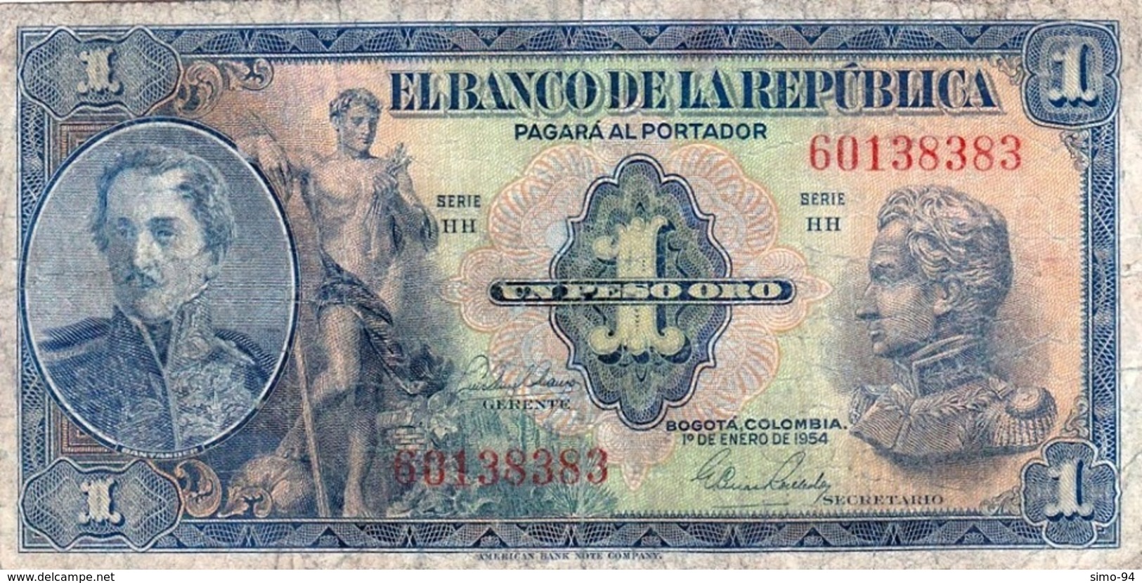 Colombia P.380g 1  Peso 1954 Vf - Kolumbien