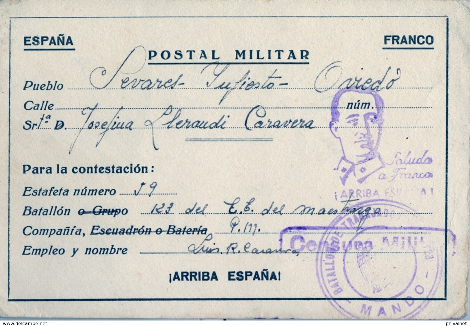 1939 , POSTAL MILITAR CIRCULADA A ASTURIAS , CENSURA MILITAR , FRANQUICIA BATALLÓN DE TRABAJADORES Nº 123 / MANDO - Cartas & Documentos