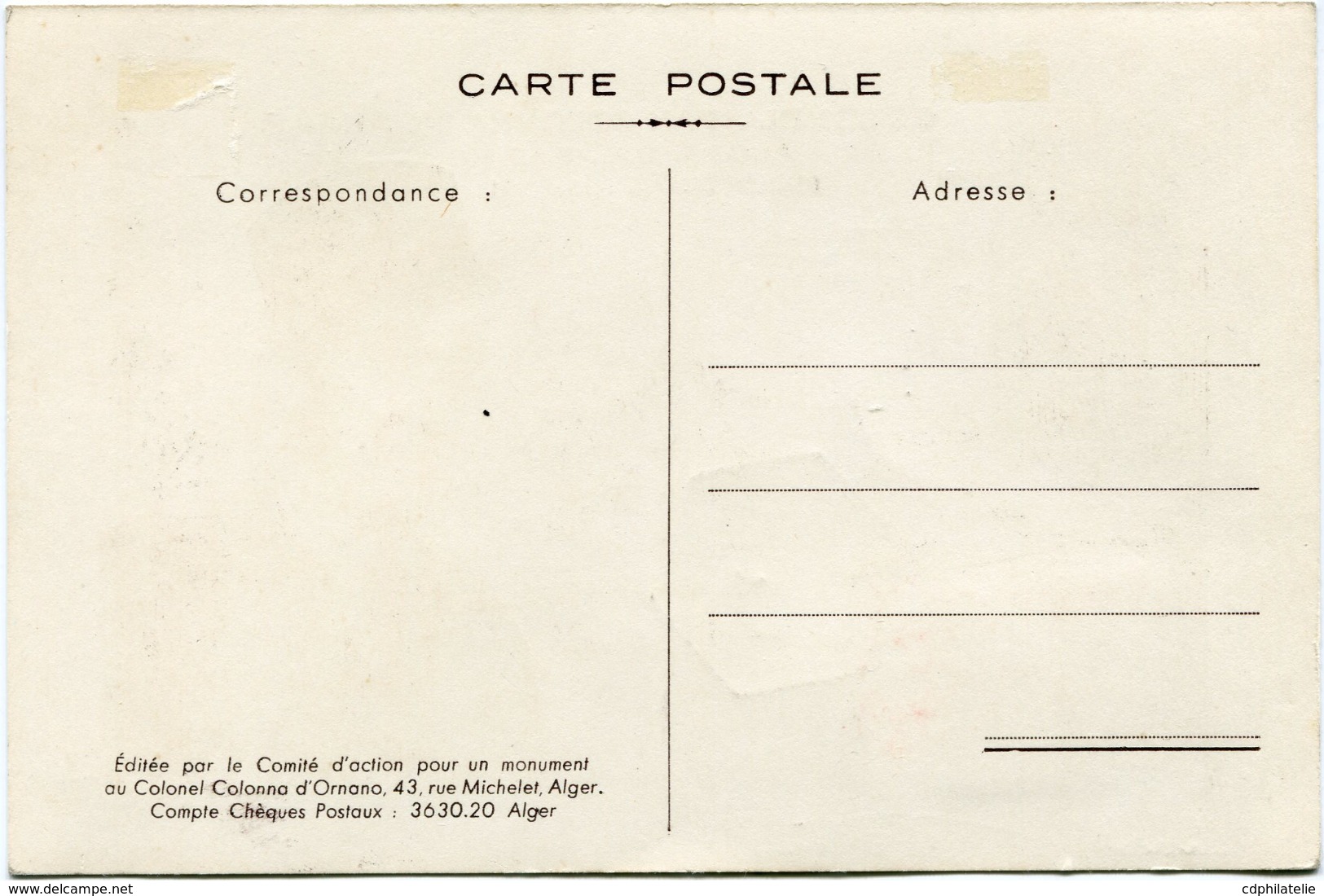 FEZZAN CARTE MAXIMUM DU N°50 COLONEL JEAN COLONNA D'ORNANO AVEC OBLITERATION SEBHA FEZZAN 11-1-1950 - Storia Postale