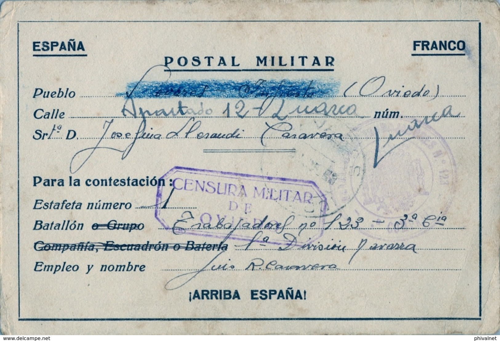 1938 , POSTAL MILITAR CIRCULADA A ASTURIAS , CENSURA MILITAR , FRANQUICIA BATALLÓN DE TRABAJADORES Nº 123 / 3ª COMPAÑIA - Cartas & Documentos