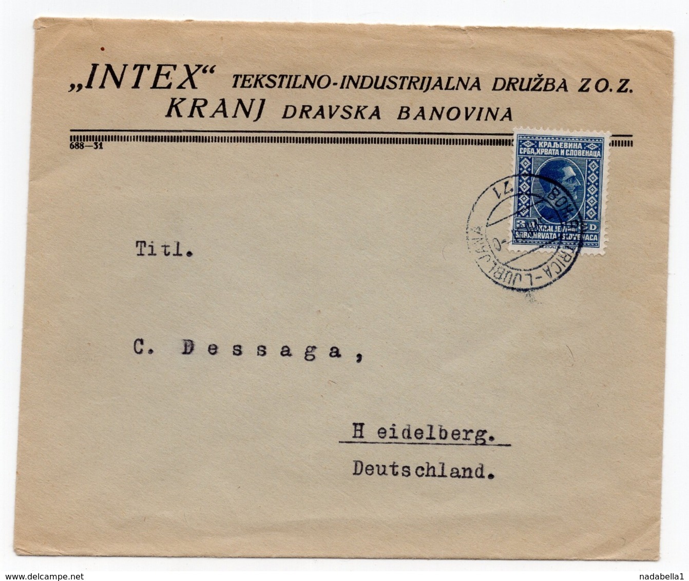 1931 YUGOSLAVIA, SLOVENIA,TPO 71 BOH. BISTRICA - LJUBLJANA, TO HEIDELBERG, GERMANY, LETTERHEAD COVER - Covers & Documents