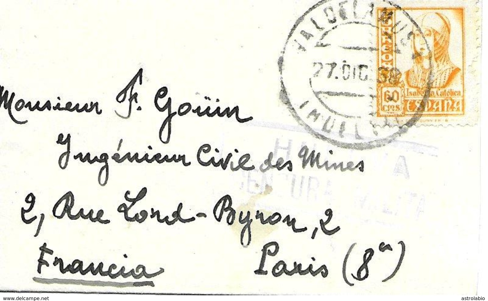 Valdelamusa (Huelva) A Paris Carta 1938 Censura. Pequeña Carta. Guerre Espagne. - Marcas De Censura Nacional