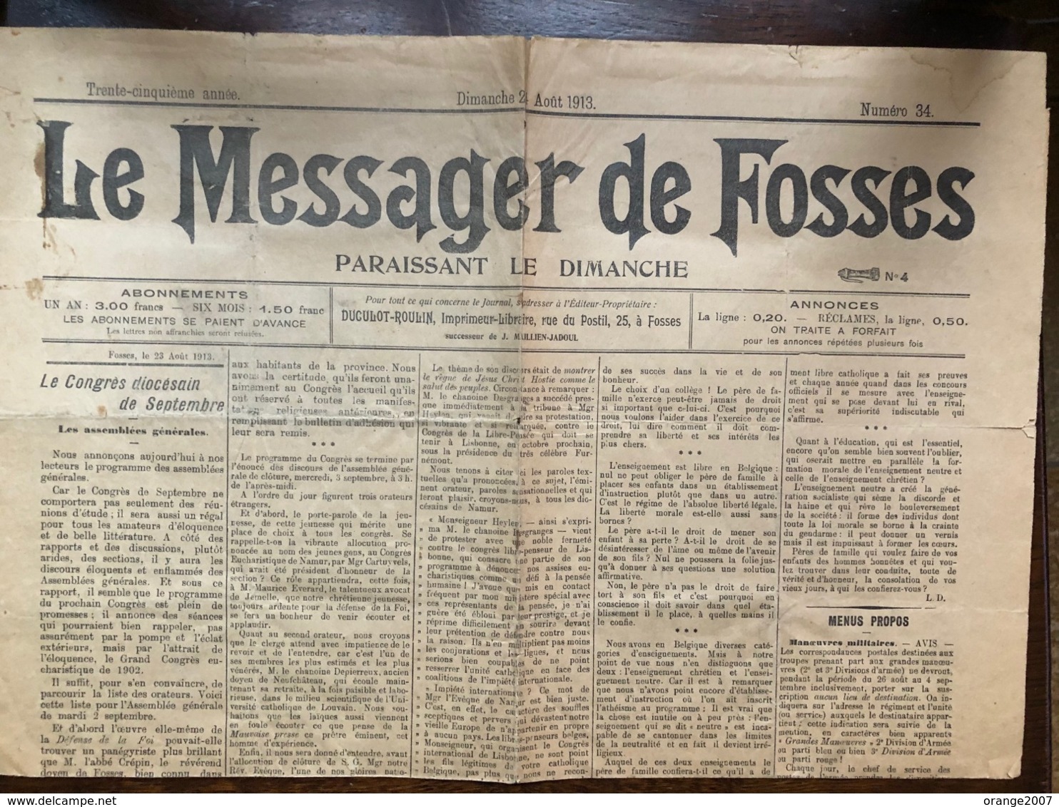 Fosses La Ville. Journal Le Messager De Fosses 1930 - Fosses-la-Ville