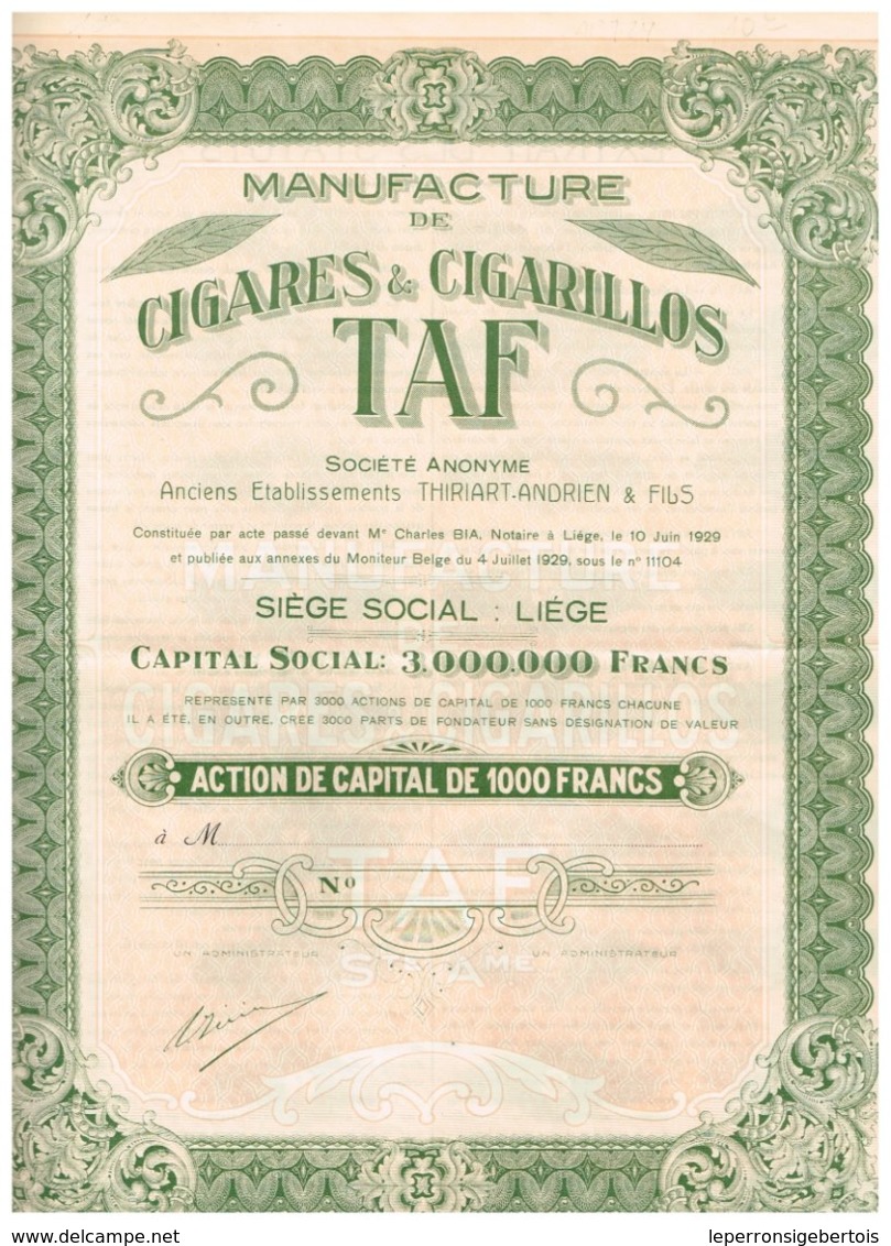 Titre Ancien - Manufacture De Cigares & Cigarillos TAF - S.A. - Anciens Ets Thiriart-Andrien & Fils - Titre De 1929 - - Industrie