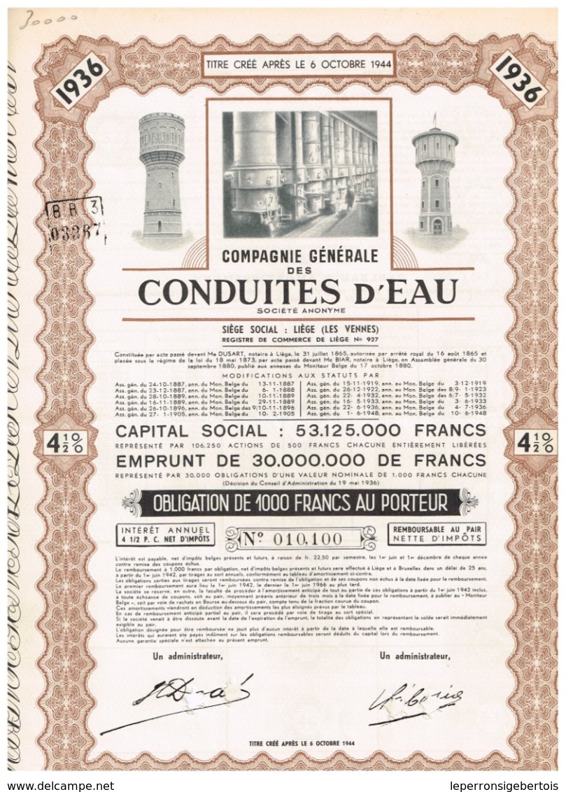 Titre Ancien - Compagnie Générale Des Conduites D'Eau - Société Anonyme - Obligation 1936/1966 - Acqua