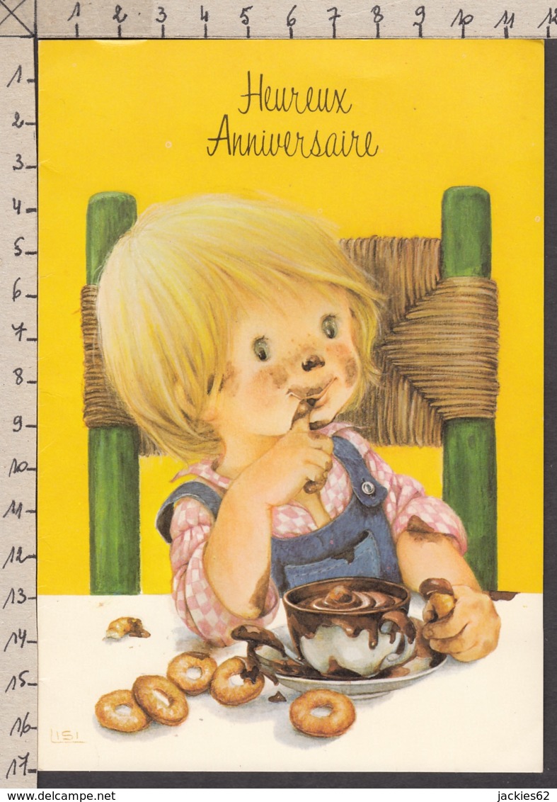 92282GF/ ENFANTS, Illustration, Enfant Devant Une Tasse De Chocolat, Gaufrée, Anniversaire - Children's Drawings