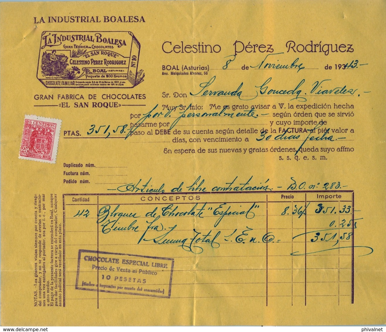 1943 , ASTURIAS , BOAL - VIAVÉLEZ , GRAN FÁBRICA DE CHOCOLATE " EL SAN ROQUE " , FR. APOSTOL  SANTIAGO- AÑO SANTO 1943 - Cartas & Documentos