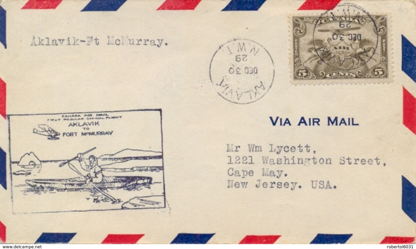 Canada 1929 First Flight Aklavik - Fort McMurray Cover From Akvalik To USA With 5 Cents Airmail Stamp - Primi Voli